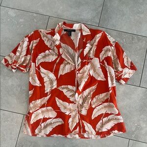 Tropical Leaf Print Hawaiian style Shirt in Bold coral